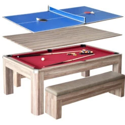 Newport 7-ft Pool Table Combo Set With Benches - Light Oak With Red Felt